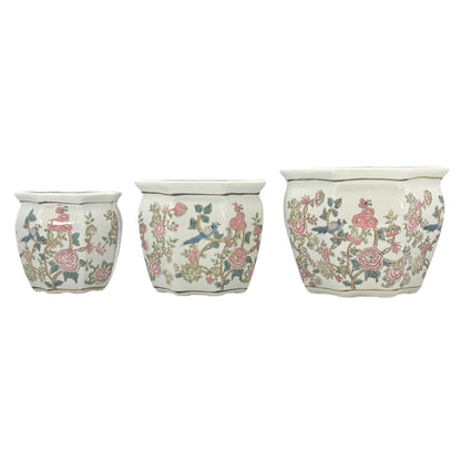 Galt International Blue & White Round Fluted Classic Floral Porcelain Ceramic Plant Flower Planter Pot Set of 3 (7.5", 10", 13") Garden Pots Chinese Asian Design