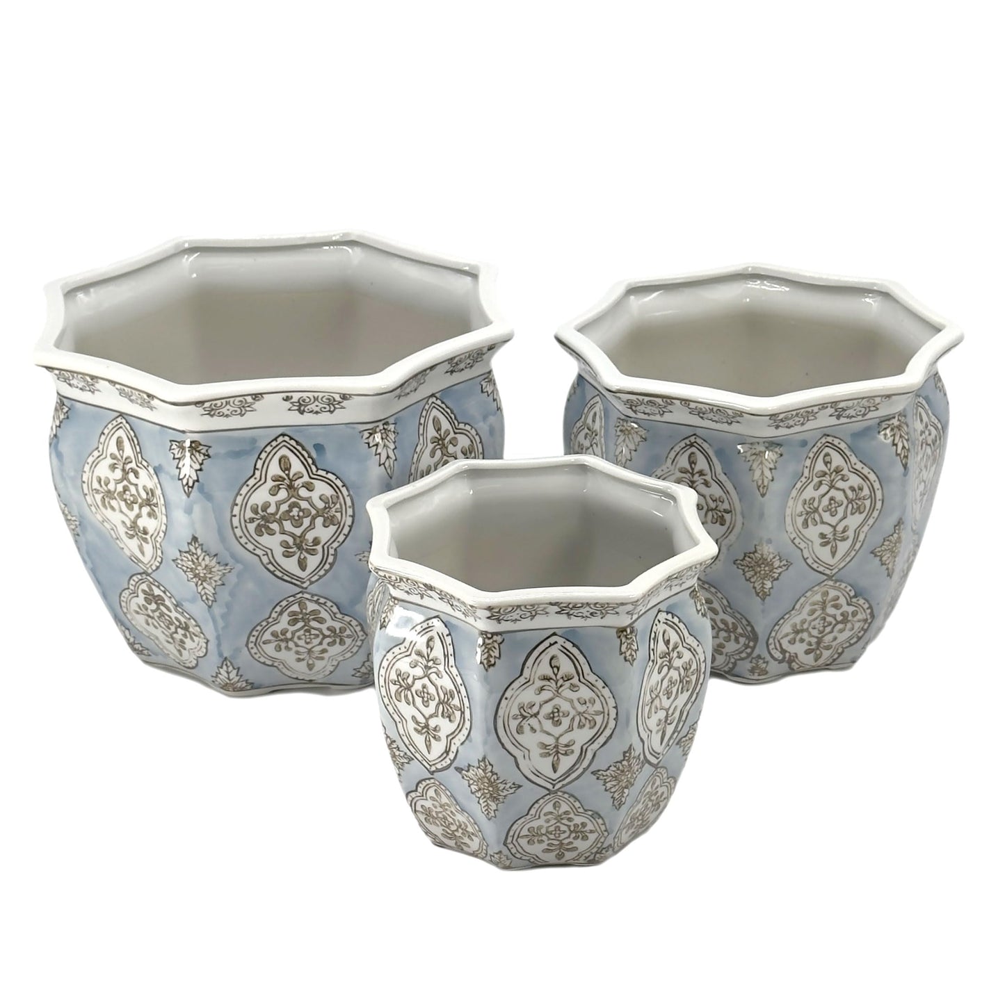 Galt International Blue & White Round Fluted Classic Floral Porcelain Ceramic Plant Flower Planter Pot Set of 3 (7.5", 10", 13") Garden Pots Chinese Asian Design