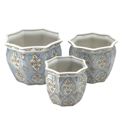 Galt International Blue & White Round Fluted Classic Floral Porcelain Ceramic Plant Flower Planter Pot Set of 3 (7.5", 10", 13") Garden Pots Chinese Asian Design