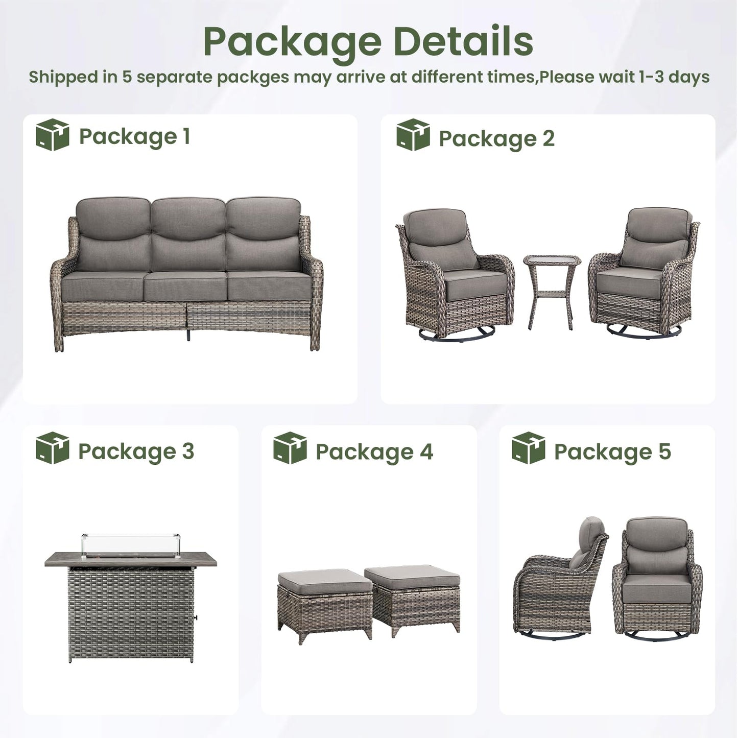 Luxury Patio Furniture Set with 6-inch Thick Cushion, Outdoor Furniture with Fire Pit Table, Swivel Chairs, Sofa, Side Table, Ottomans, 9pcs Wicker Conversation Set(Brown Wicker | Grey Cushion)
