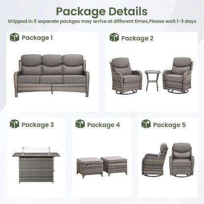 Luxury Patio Furniture Set with 6-inch Thick Cushion, Outdoor Furniture with Fire Pit Table, Swivel Chairs, Sofa, Side Table, Ottomans, 9pcs Wicker Conversation Set(Brown Wicker | Grey Cushion)