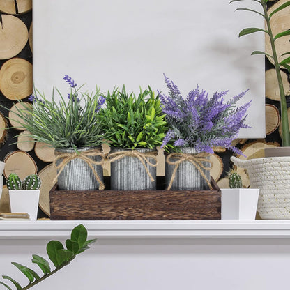 Set of 3 Small Potted Plants Arrangement Artificial Lavender and Grass Plants in Rustic Galvanized Metal Pots with Decorative Wood Tray for Farmhouse Table Centerpiece Windowsill Indoor Greenery Decor
