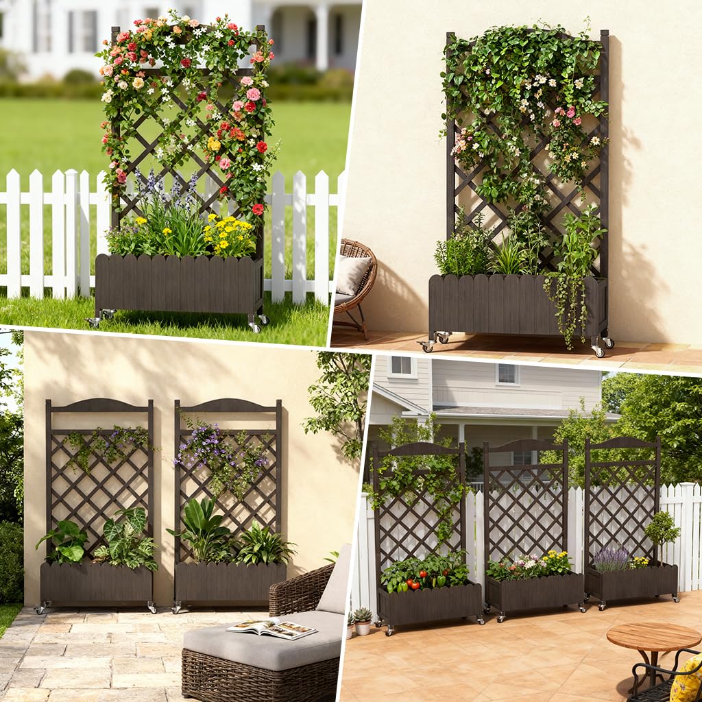 COMHOMA 2 Pack Planter Box with Trellis and Wheels, 48In Elevated Raised Garden Bed, Drainage Holes, Outdoor Lattice for Climbing Flowers, Vegetables, Patio Balcony, Brown