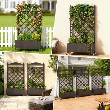 COMHOMA 2 Pack Planter Box with Trellis and Wheels, 48In Elevated Raised Garden Bed, Drainage Holes, Outdoor Lattice for Climbing Flowers, Vegetables, Patio Balcony, Brown