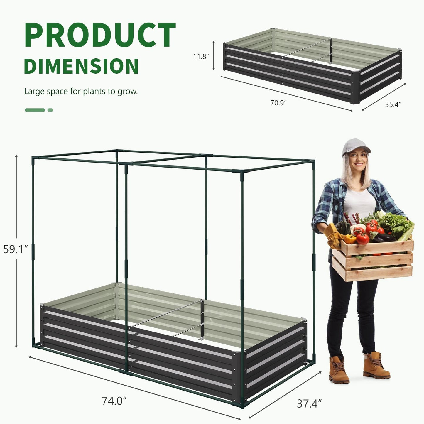 Galvanized Raised Garden Bed with Crop Cage Plant Protection Net Tent Kit for Garden Plant, 71"x35.4"x 59" Plants Protection Tent Cage Metal Planter Box Bottomless Planting Vegetables Outdoor