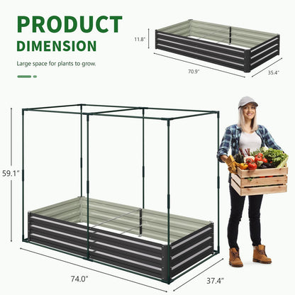 Galvanized Raised Garden Bed with Crop Cage Plant Protection Net Tent Kit for Garden Plant, 71"x35.4"x 59" Plants Protection Tent Cage Metal Planter Box Bottomless Planting Vegetables Outdoor