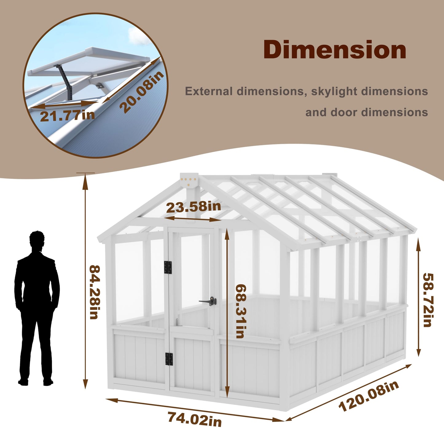 Yardenaler 8x16 FT Greenhouse for Outdoor, 6MM Thick Polycarbonate Panel Wooden Walk-in Green House with Adjustable Roof Vents and Lockable Door, Backyard Garden, Light Mocha Brown