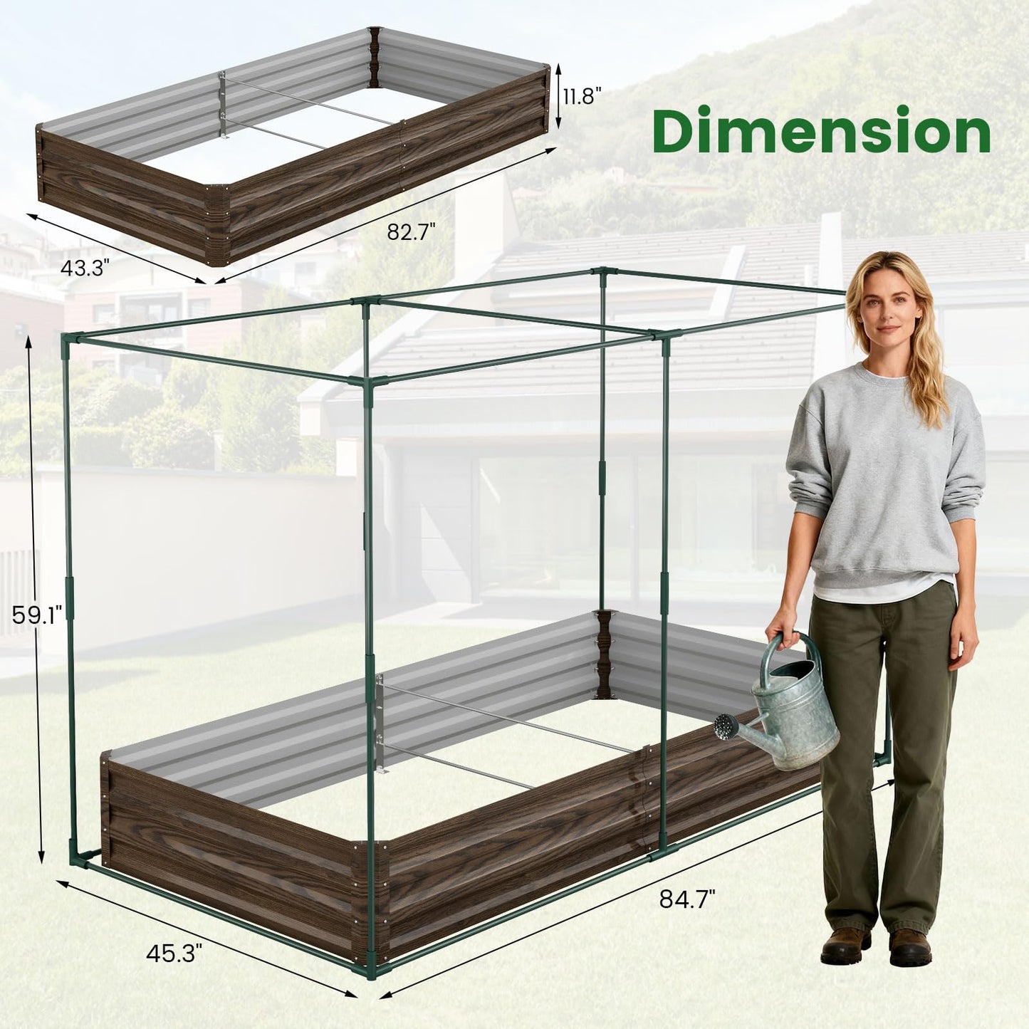 Galvanized Raised Garden Bed with Crop Cage Plant Protection Net Tent Kit for Garden Plant, 71"x35.4"x 59" Plants Protection Tent Cage Metal Planter Box Bottomless Planting Vegetables Outdoor