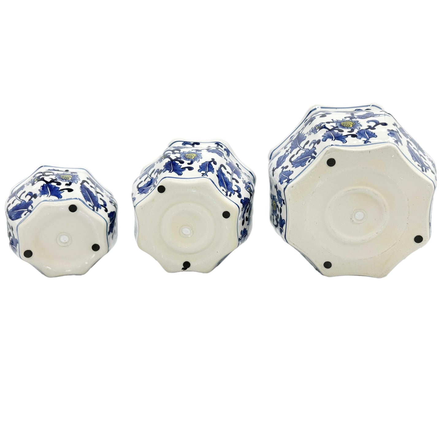 Galt International Blue & White Round Fluted Classic Floral Porcelain Ceramic Plant Flower Planter Pot Set of 3 (7.5", 10", 13") Garden Pots Chinese Asian Design