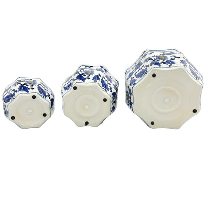 Galt International Blue & White Round Fluted Classic Floral Porcelain Ceramic Plant Flower Planter Pot Set of 3 (7.5", 10", 13") Garden Pots Chinese Asian Design