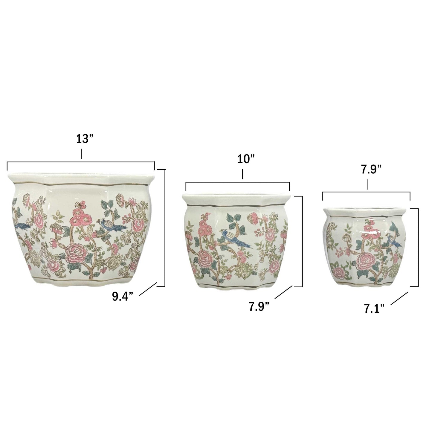 Galt International Blue & White Round Fluted Classic Floral Porcelain Ceramic Plant Flower Planter Pot Set of 3 (7.5", 10", 13") Garden Pots Chinese Asian Design