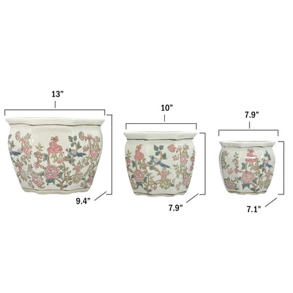 Galt International Blue & White Round Fluted Classic Floral Porcelain Ceramic Plant Flower Planter Pot Set of 3 (7.5", 10", 13") Garden Pots Chinese Asian Design