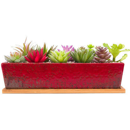 Succulent Pots - 12.1 Inch Large Succulent Planters Pots with Drainage Tray, Long Rectangle Ceramic Pot for Indoor Cactus/Succulent Plants Shallow Bonsai Window Box for Home Garden Decor (Blue)