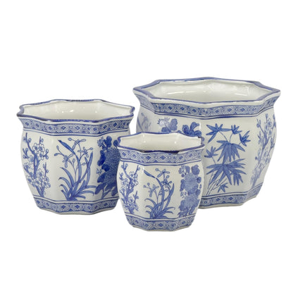 Galt International Blue & White Round Fluted Classic Floral Porcelain Ceramic Plant Flower Planter Pot Set of 3 (7.5", 10", 13") Garden Pots Chinese Asian Design