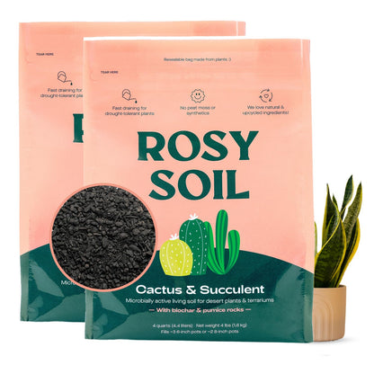 Rosy Soil Cactus Soil – Organic Succulent Potting Mix, Chunky Fast Draining, Peat-Free, Root Boosting Mix for AloeVera, Cacti, Indoor Succulents - 4qt