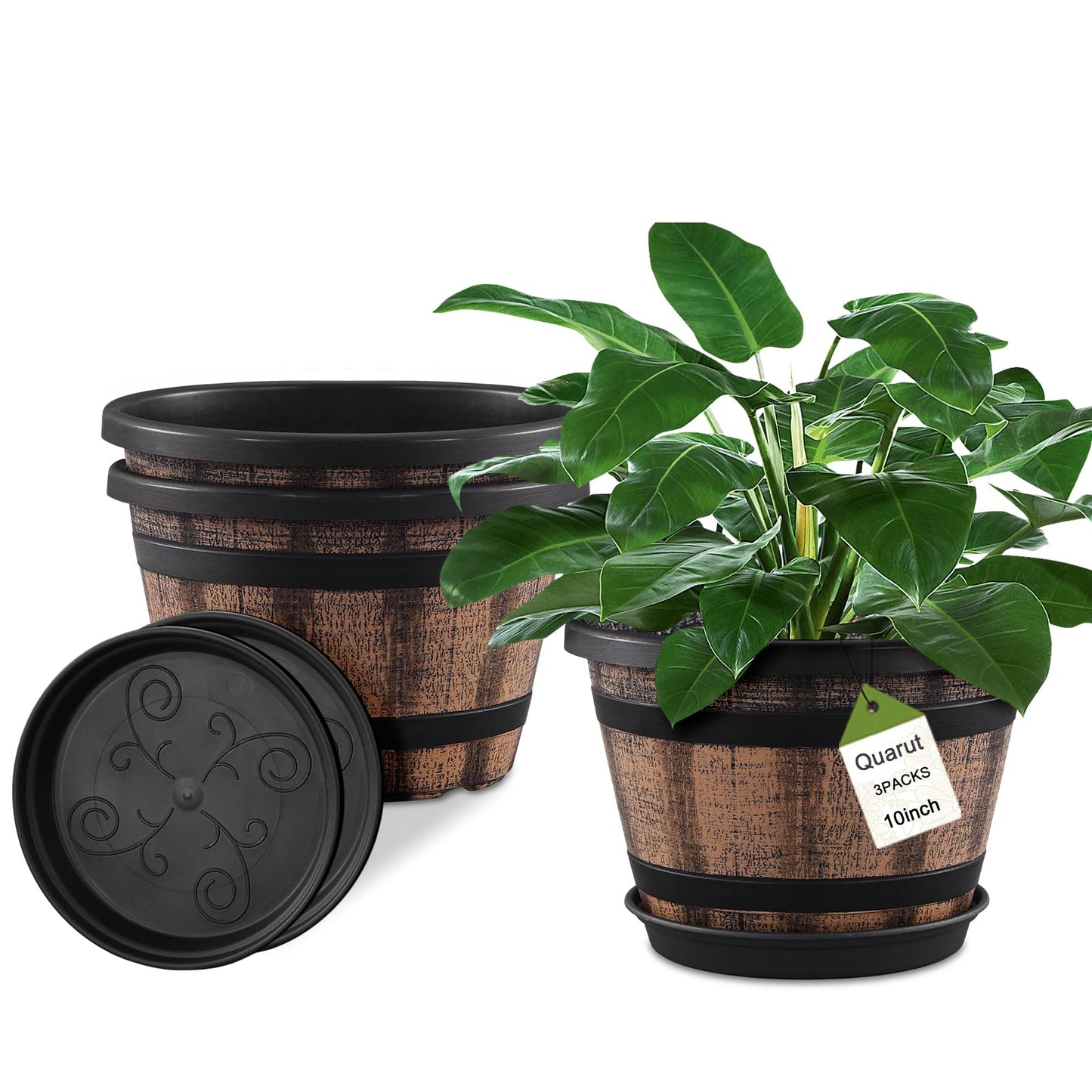 Quarut Plant Pots Set of 4 Pack 12 inch,Large Whiskey Barrel Planters with Drainage Holes & Saucer.Plastic Flower Pots Imitation Wine Barrel Design, for Indoor & Outdoor Garden Home Plants (Brown)