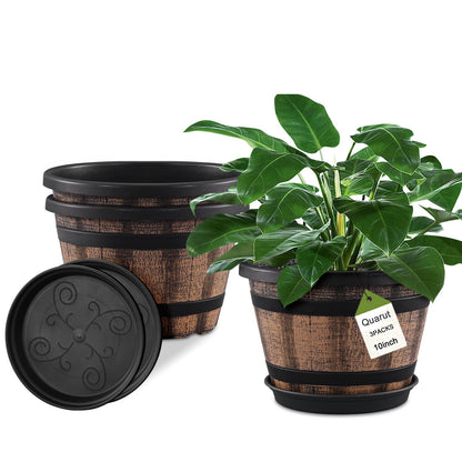 Quarut Plant Pots Set of 4 Pack 12 inch,Large Whiskey Barrel Planters with Drainage Holes & Saucer.Plastic Flower Pots Imitation Wine Barrel Design, for Indoor & Outdoor Garden Home Plants (Brown)
