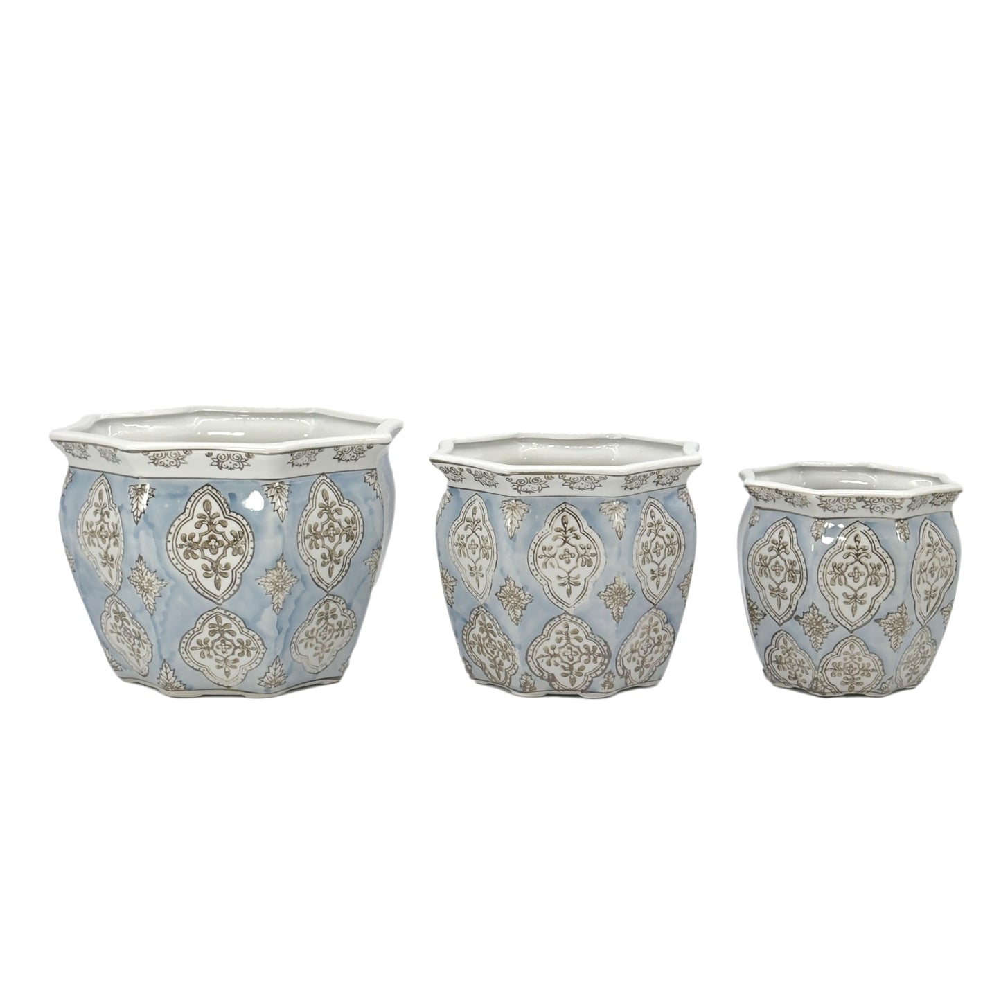 Galt International Blue & White Round Fluted Classic Floral Porcelain Ceramic Plant Flower Planter Pot Set of 3 (7.5", 10", 13") Garden Pots Chinese Asian Design
