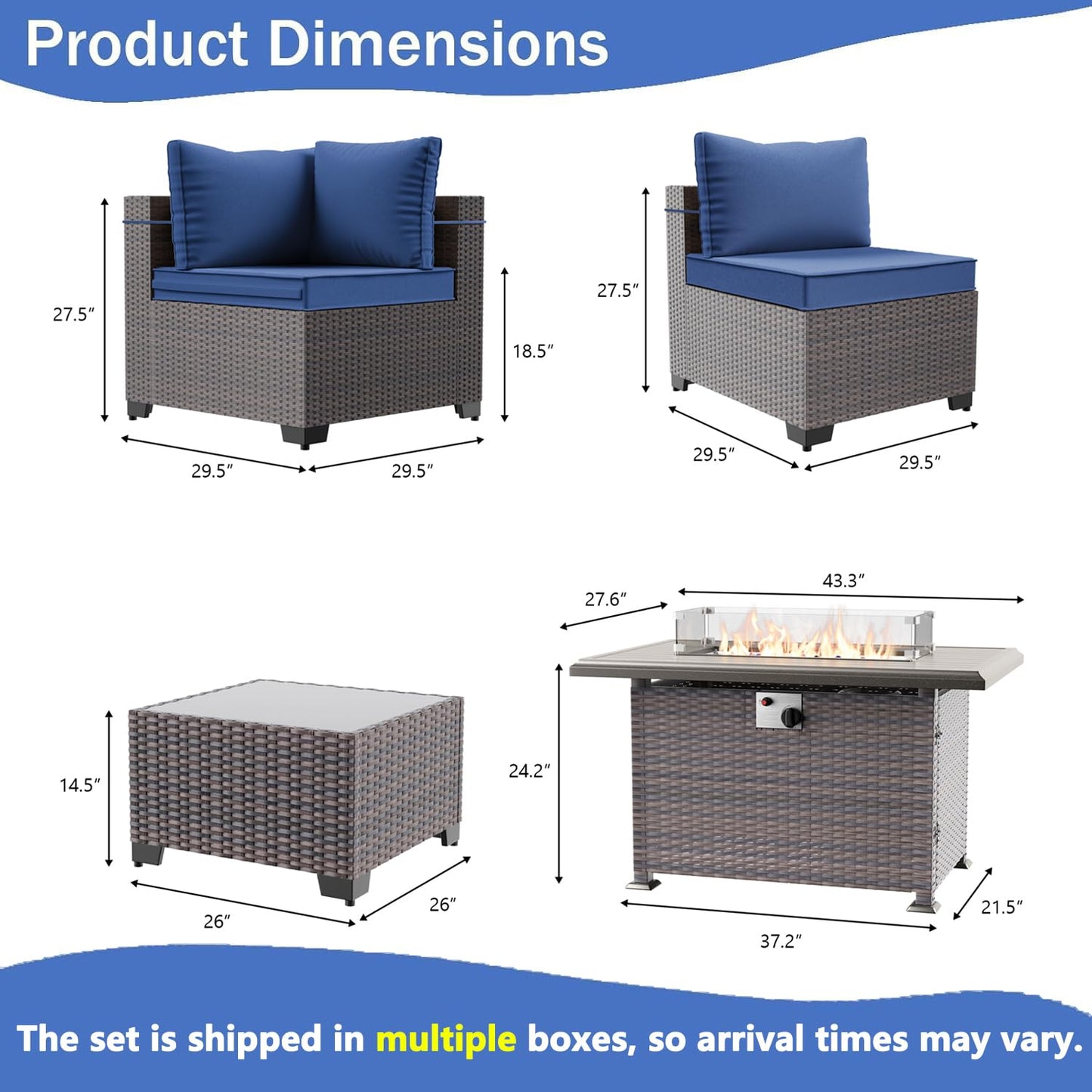 13 PCS Outdoor Patio Furniture Set,Outdoor Sectional Furniture with 43" 55000 BTU Gas Propane Fire Pit Table,All Weather PE Rattan Wicker Patio Conversation Set,Navy Blue