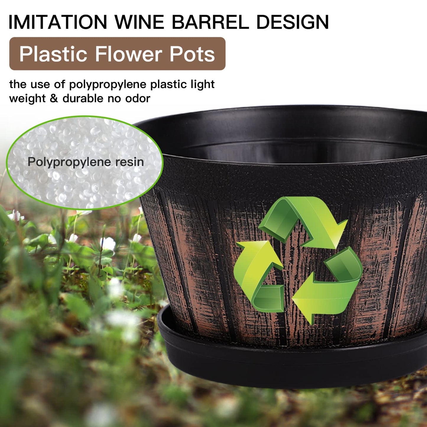 Quarut Plant Pots Set of 4 Pack 12 inch,Large Whiskey Barrel Planters with Drainage Holes & Saucer.Plastic Flower Pots Imitation Wine Barrel Design, for Indoor & Outdoor Garden Home Plants (Brown)