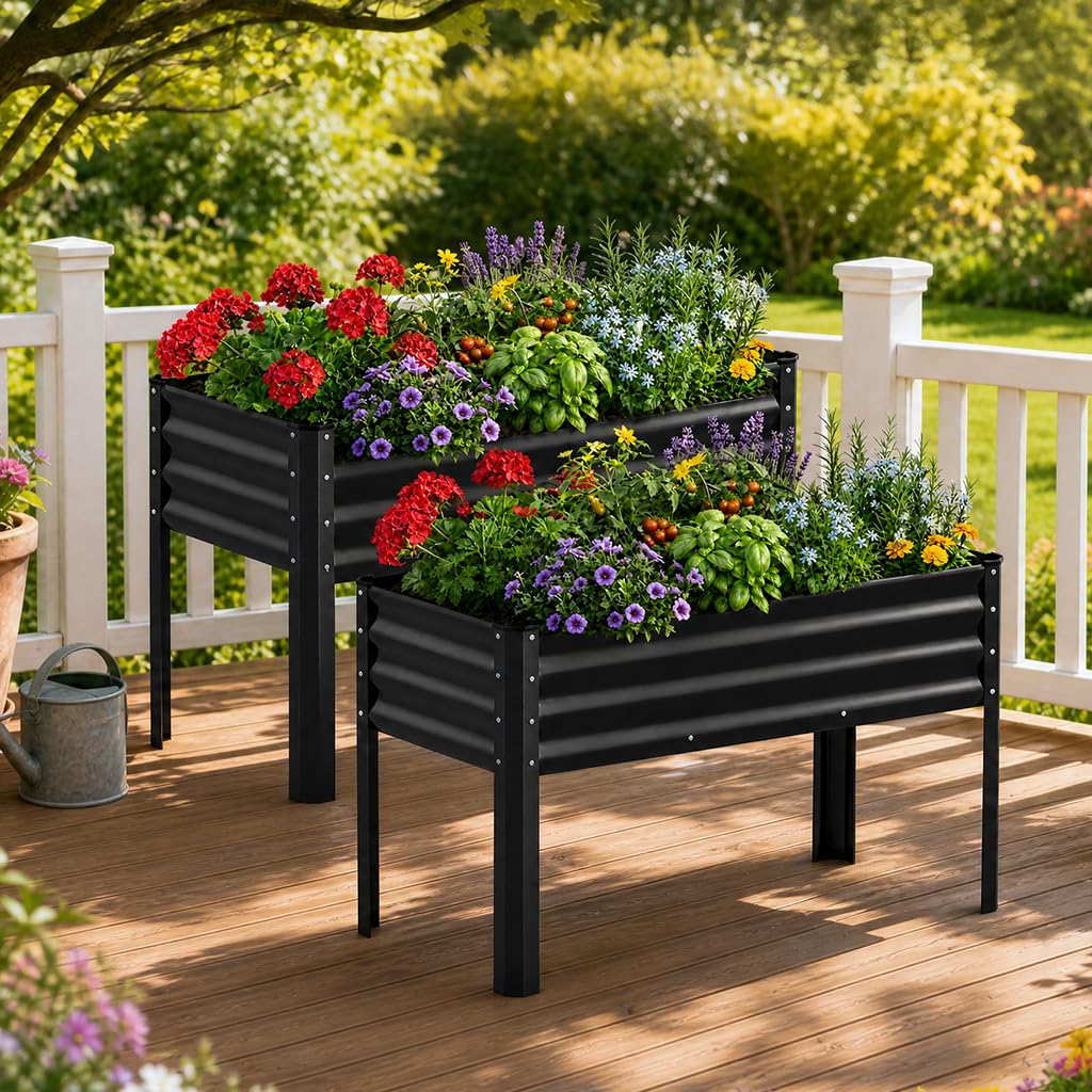 COMHOMA 2 Pack Planter Box with Trellis and Wheels, 48In Elevated Raised Garden Bed, Drainage Holes, Outdoor Lattice for Climbing Flowers, Vegetables, Patio Balcony, Brown
