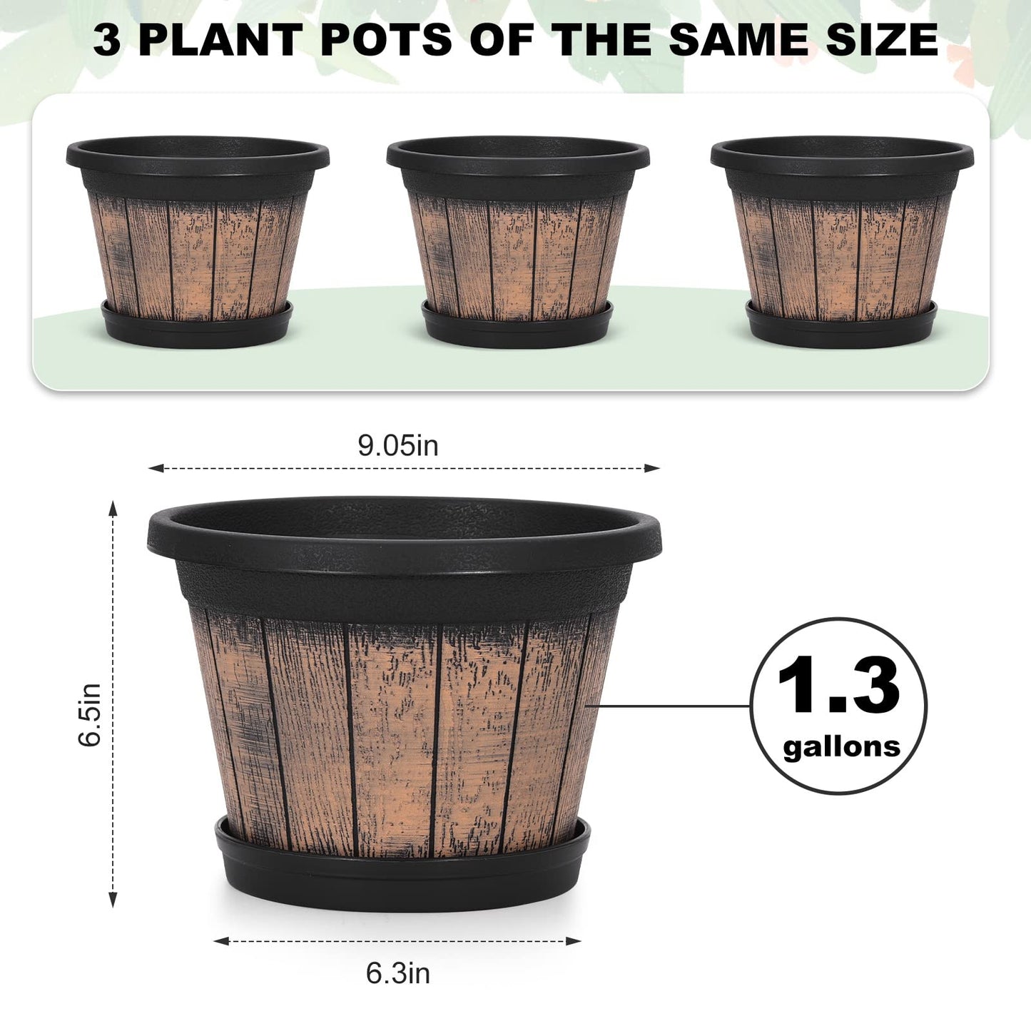 Quarut Plant Pots Set of 4 Pack 12 inch,Large Whiskey Barrel Planters with Drainage Holes & Saucer.Plastic Flower Pots Imitation Wine Barrel Design, for Indoor & Outdoor Garden Home Plants (Brown)