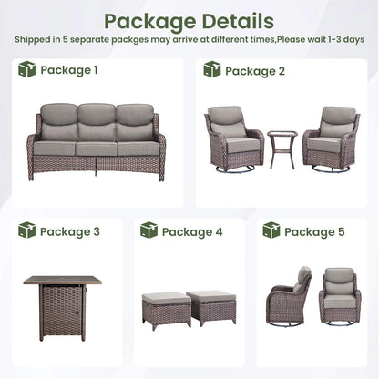 Luxury Patio Furniture Set with 6-inch Thick Cushion, Outdoor Furniture with Fire Pit Table, Swivel Chairs, Sofa, Side Table, Ottomans, 9pcs Wicker Conversation Set(Brown Wicker | Grey Cushion)