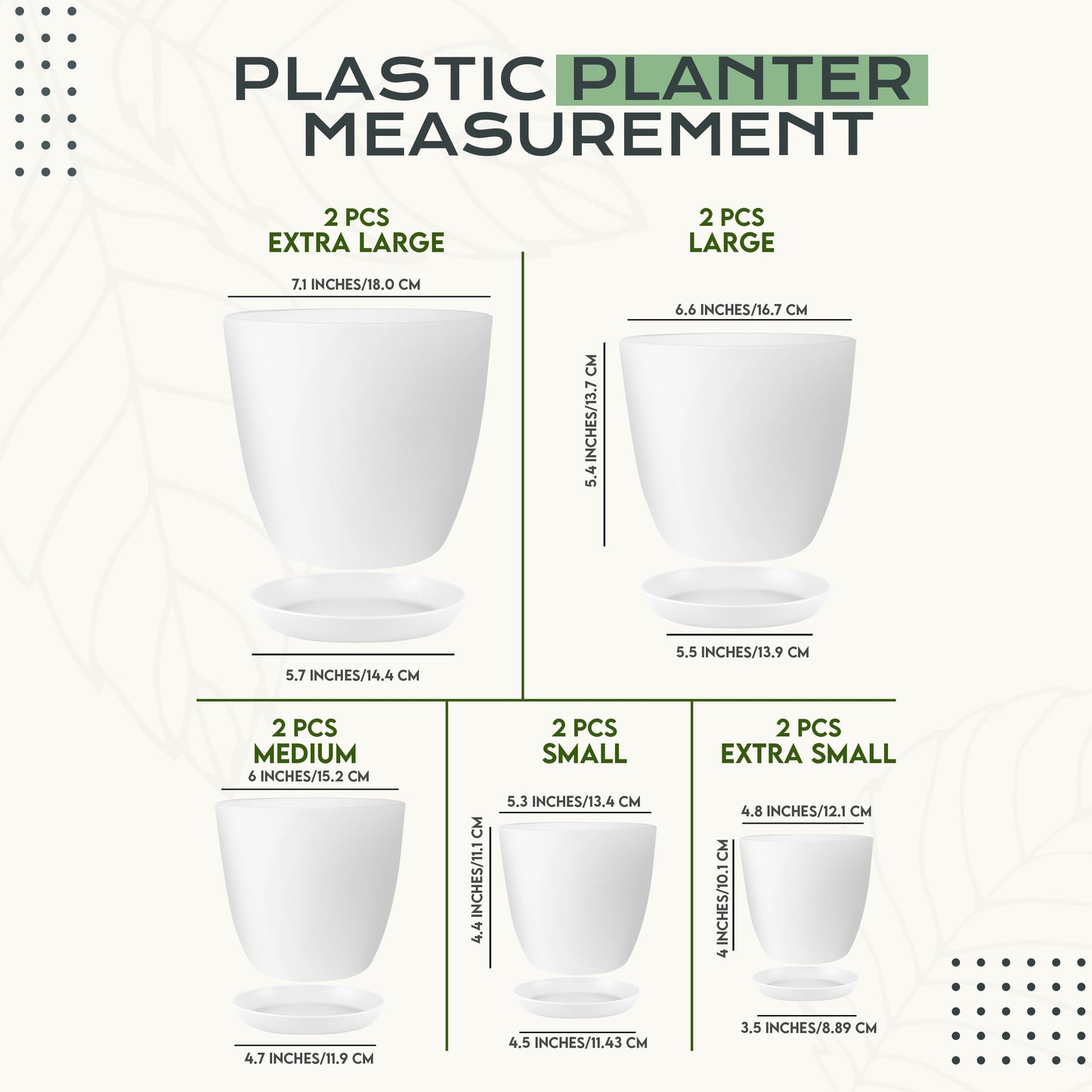 Utopia Home Plant Pots Indoor with Drainage Holes – Set of 5 White Plastic Flower Pots (7/6.6/6/5.3/4.8 Inch) – Modern Planters for Indoor Plants, Room & Office Décor, Great Stocking Stuffers