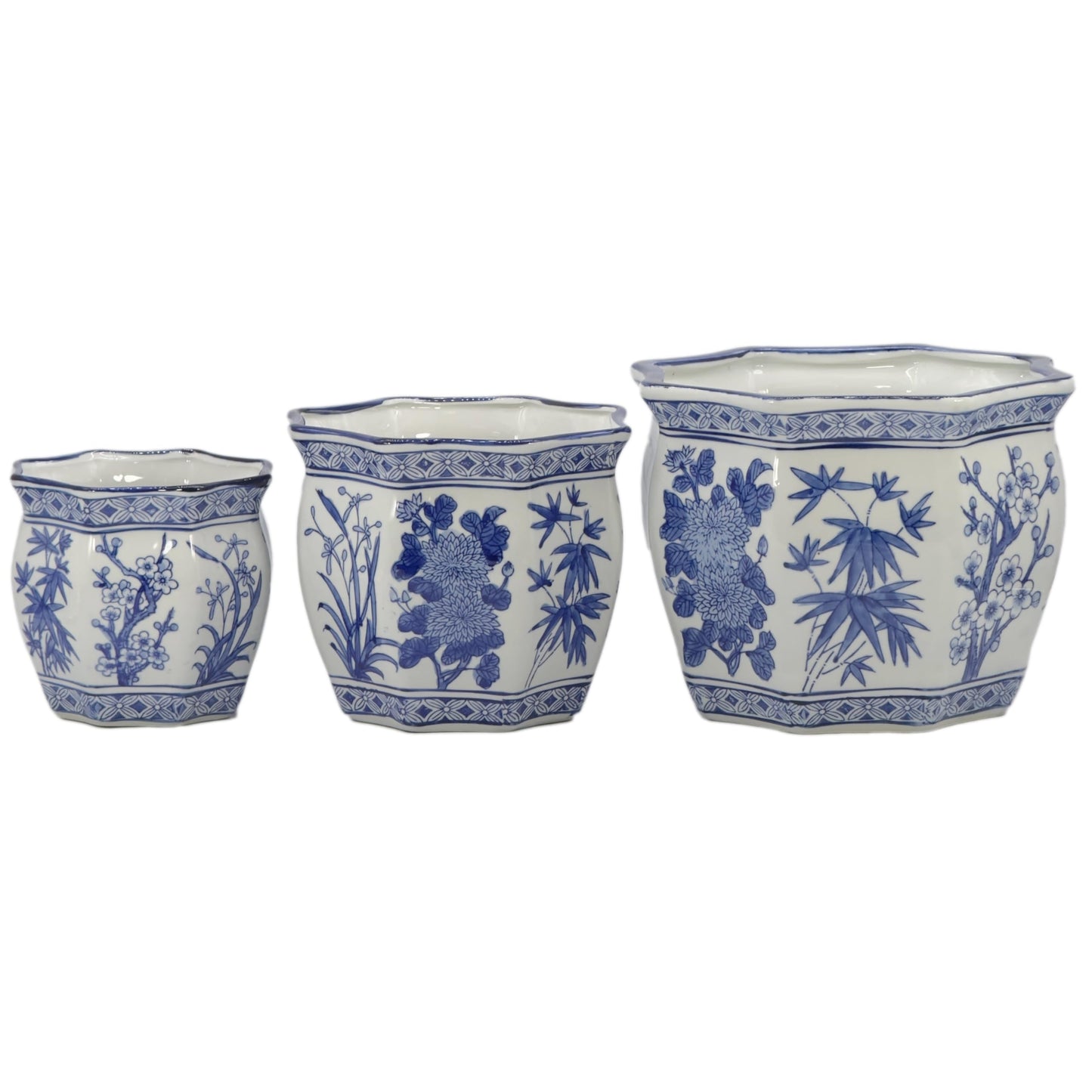 Galt International Blue & White Round Fluted Classic Floral Porcelain Ceramic Plant Flower Planter Pot Set of 3 (7.5", 10", 13") Garden Pots Chinese Asian Design