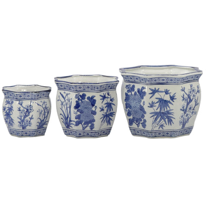 Galt International Blue & White Round Fluted Classic Floral Porcelain Ceramic Plant Flower Planter Pot Set of 3 (7.5", 10", 13") Garden Pots Chinese Asian Design