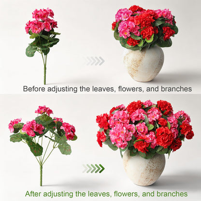 12 Bundles Artificial Geranium Fake Flowers for Outdoor UV Resistant, Outside Spring Red Flower Decoration for Home Kitchen Table Cemetery Garden Planter, Front Door Silk Faux Plants