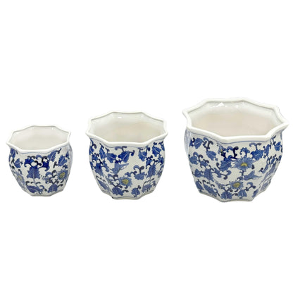 Galt International Blue & White Round Fluted Classic Floral Porcelain Ceramic Plant Flower Planter Pot Set of 3 (7.5", 10", 13") Garden Pots Chinese Asian Design
