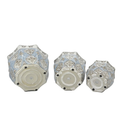 Galt International Blue & White Round Fluted Classic Floral Porcelain Ceramic Plant Flower Planter Pot Set of 3 (7.5", 10", 13") Garden Pots Chinese Asian Design