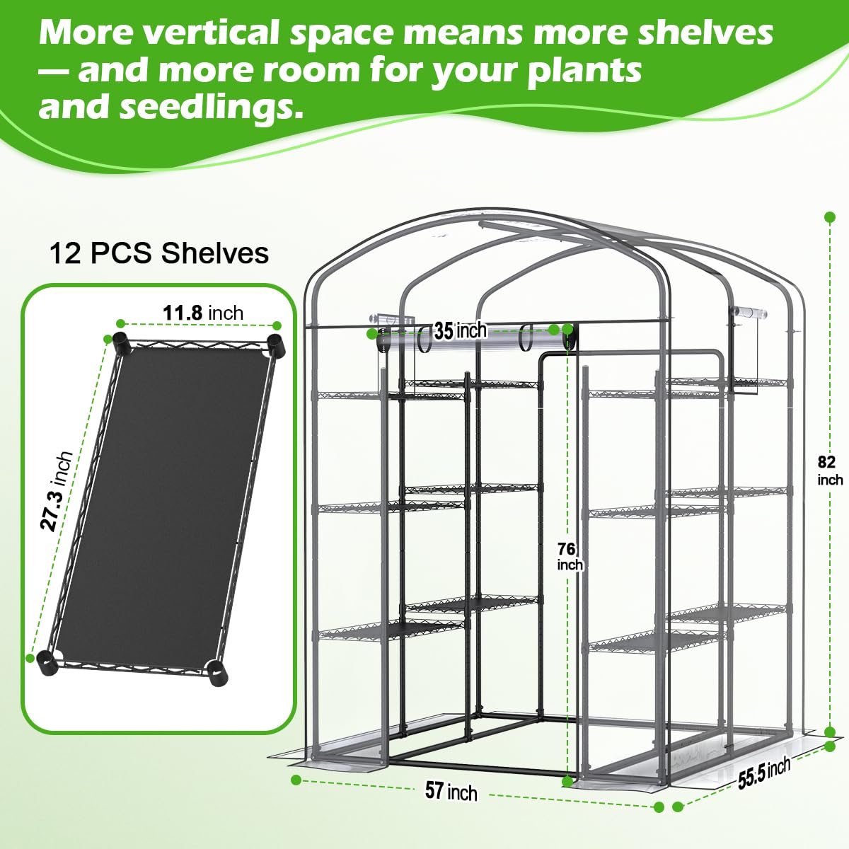 Walk-in Greenhouse with Height-Adjustable Shelves, Heavy Duty Green House for Outdoors/Indoors, Heavy-Duty Steel Frame & Thickened PVC Cover, 82"x57"x55.5", Black