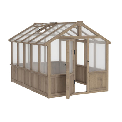 Yardenaler 8x16 FT Greenhouse for Outdoor, 6MM Thick Polycarbonate Panel Wooden Walk-in Green House with Adjustable Roof Vents and Lockable Door, Backyard Garden, Light Mocha Brown