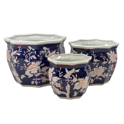 Galt International Blue & White Round Fluted Classic Floral Porcelain Ceramic Plant Flower Planter Pot Set of 3 (7.5", 10", 13") Garden Pots Chinese Asian Design