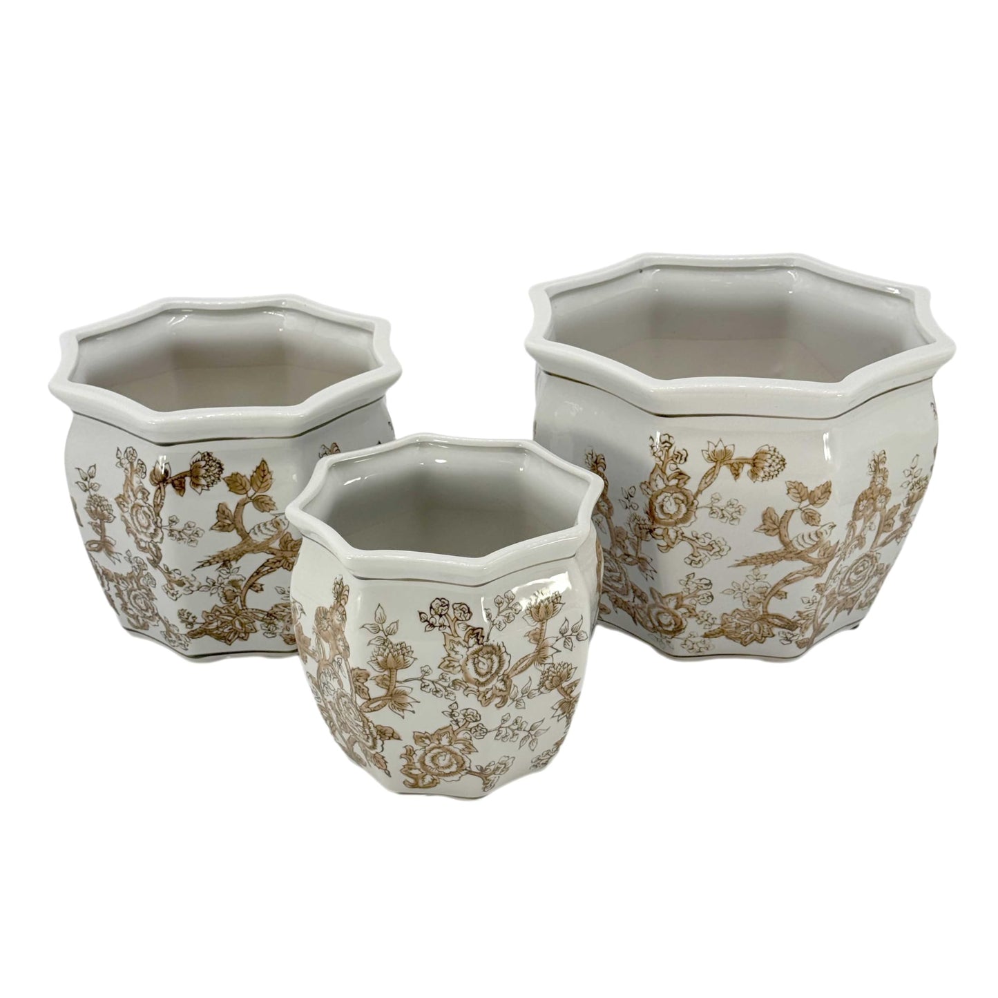 Galt International Blue & White Round Fluted Classic Floral Porcelain Ceramic Plant Flower Planter Pot Set of 3 (7.5", 10", 13") Garden Pots Chinese Asian Design