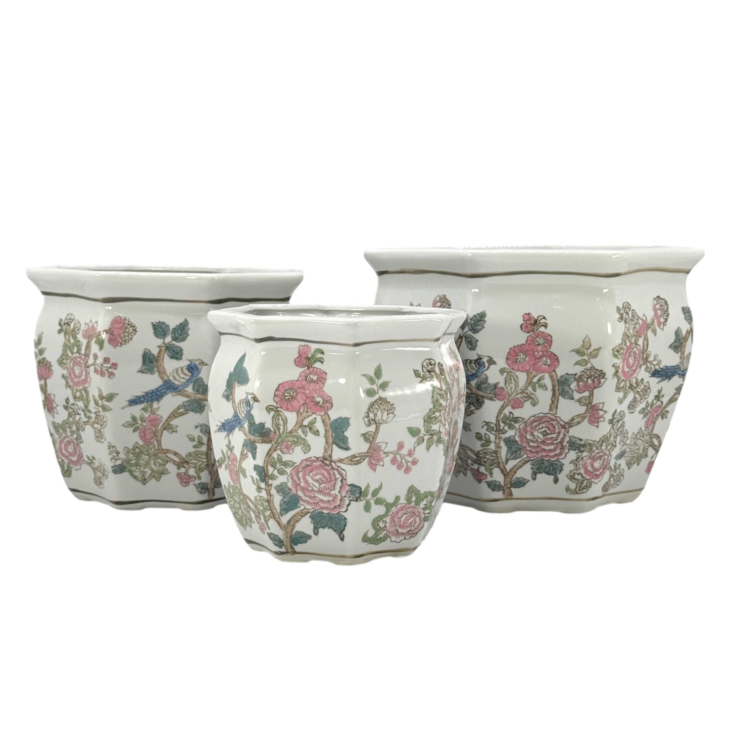 Galt International Blue & White Round Fluted Classic Floral Porcelain Ceramic Plant Flower Planter Pot Set of 3 (7.5", 10", 13") Garden Pots Chinese Asian Design