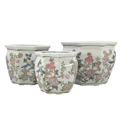 Galt International Blue & White Round Fluted Classic Floral Porcelain Ceramic Plant Flower Planter Pot Set of 3 (7.5", 10", 13") Garden Pots Chinese Asian Design