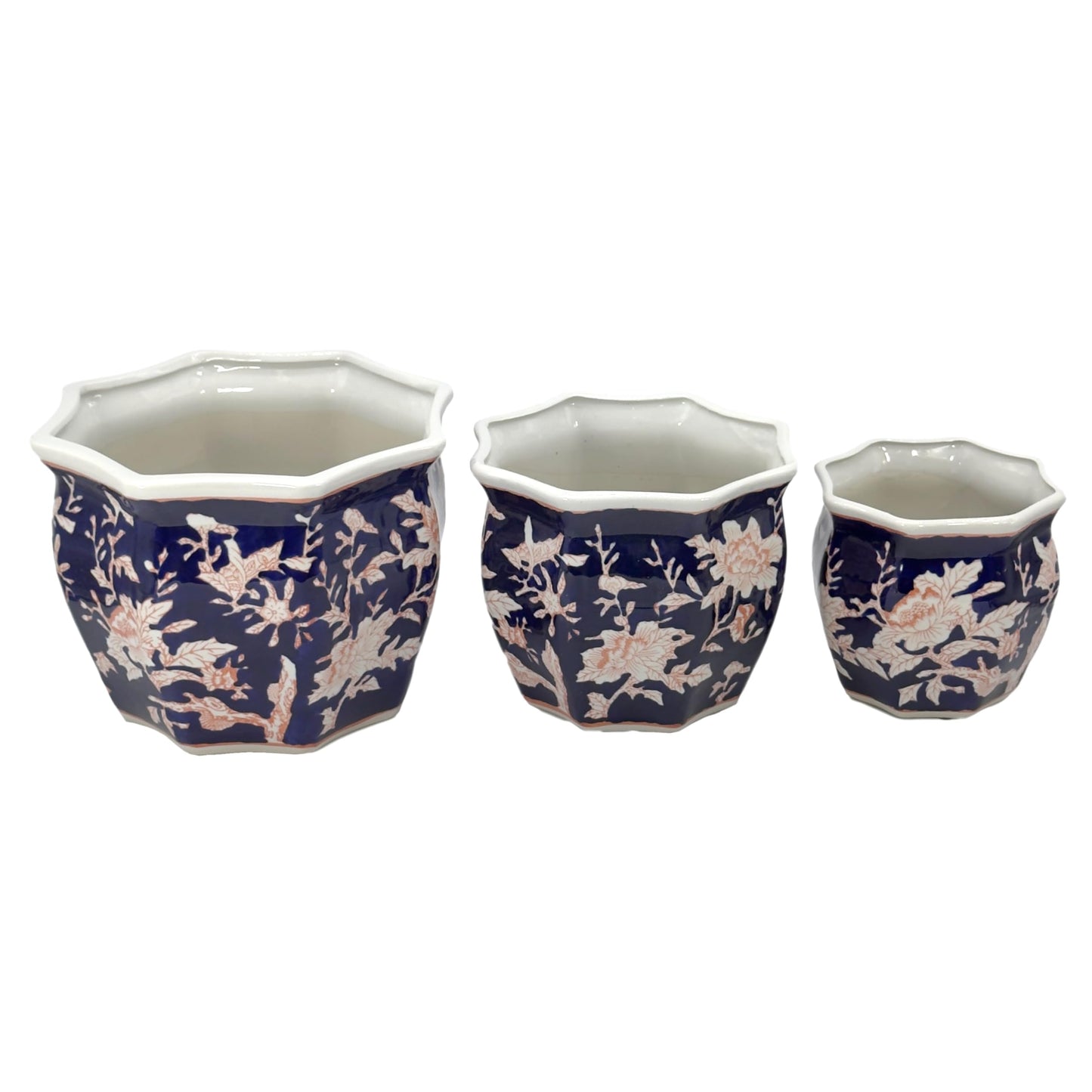 Galt International Blue & White Round Fluted Classic Floral Porcelain Ceramic Plant Flower Planter Pot Set of 3 (7.5", 10", 13") Garden Pots Chinese Asian Design