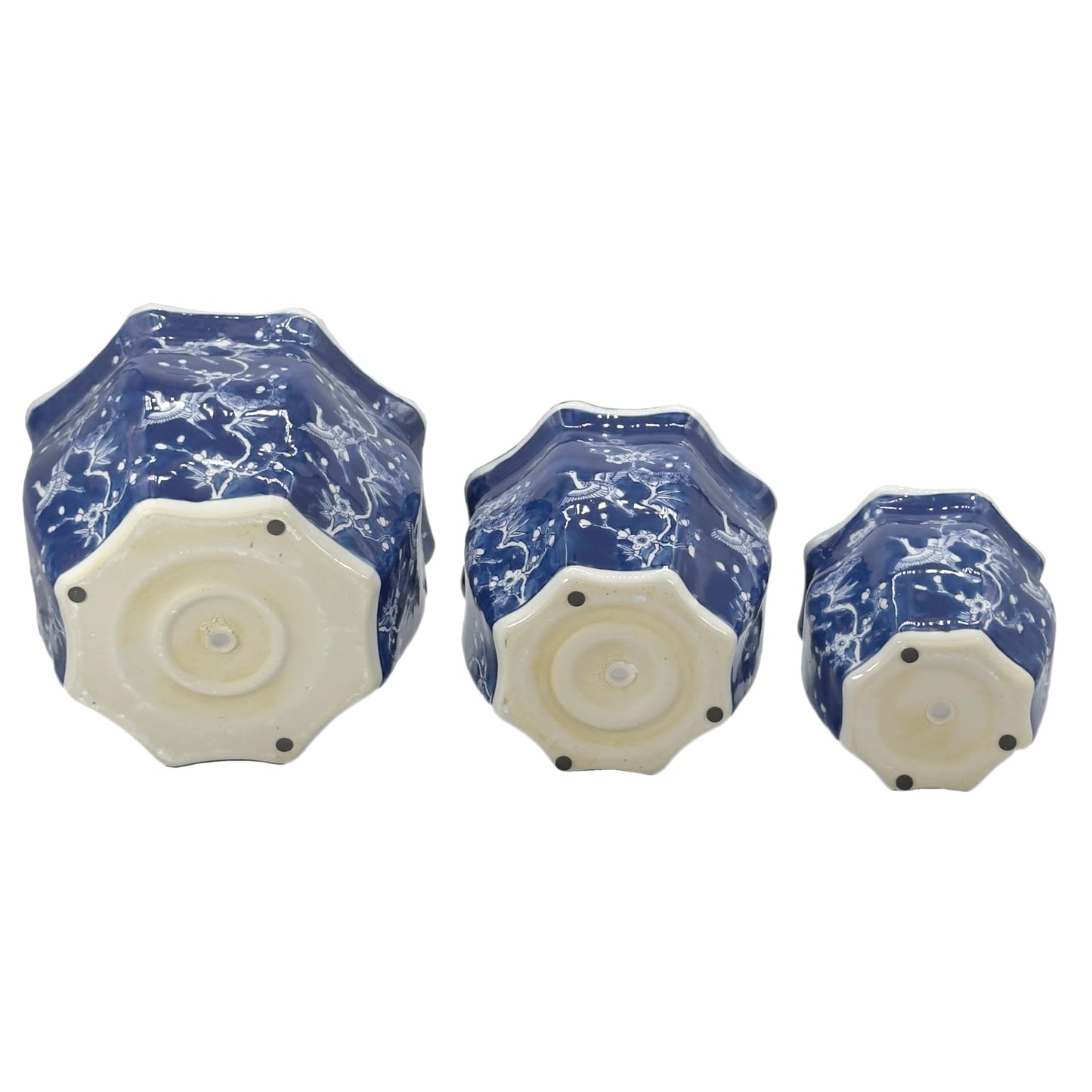 Galt International Blue & White Round Fluted Classic Floral Porcelain Ceramic Plant Flower Planter Pot Set of 3 (7.5", 10", 13") Garden Pots Chinese Asian Design