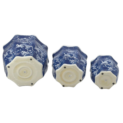 Galt International Blue & White Round Fluted Classic Floral Porcelain Ceramic Plant Flower Planter Pot Set of 3 (7.5", 10", 13") Garden Pots Chinese Asian Design