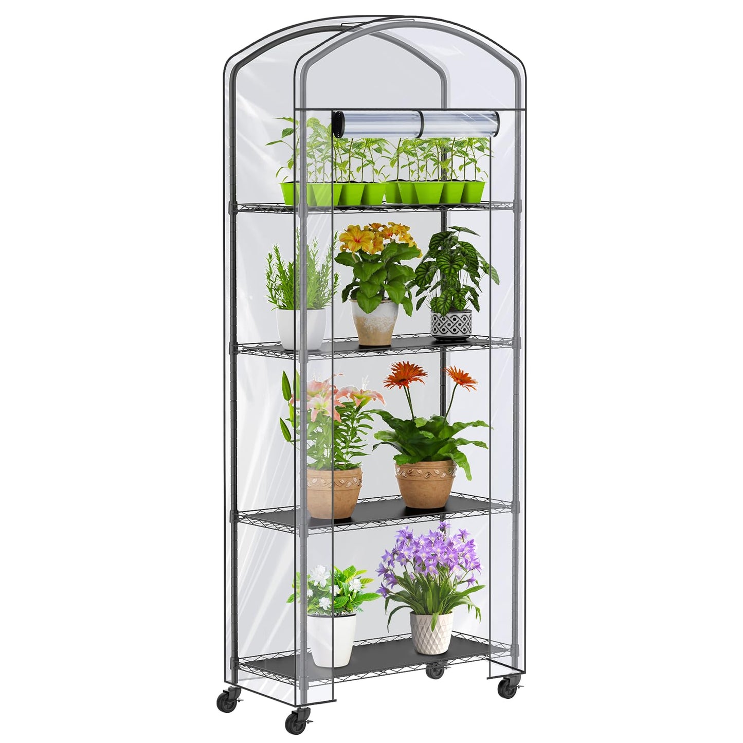 Walk-in Greenhouse with Height-Adjustable Shelves, Heavy Duty Green House for Outdoors/Indoors, Heavy-Duty Steel Frame & Thickened PVC Cover, 82"x57"x55.5", Black