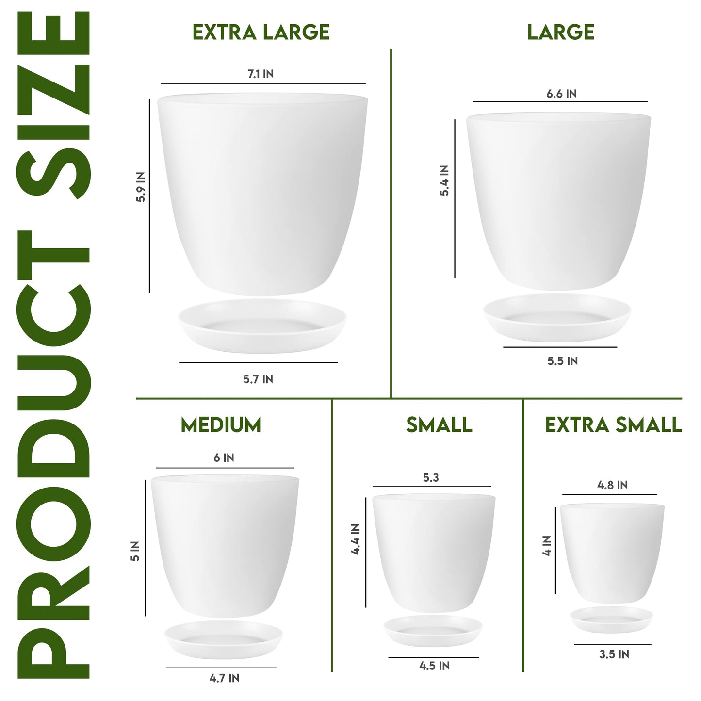 Utopia Home Plant Pots Indoor with Drainage Holes – Set of 5 White Plastic Flower Pots (7/6.6/6/5.3/4.8 Inch) – Modern Planters for Indoor Plants, Room & Office Décor, Great Stocking Stuffers
