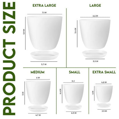 Utopia Home Plant Pots Indoor with Drainage Holes – Set of 5 White Plastic Flower Pots (7/6.6/6/5.3/4.8 Inch) – Modern Planters for Indoor Plants, Room & Office Décor, Great Stocking Stuffers