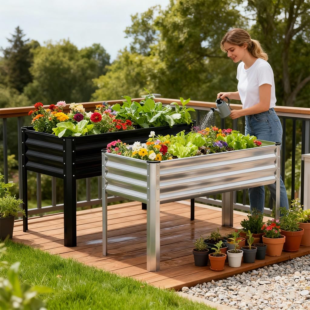 COMHOMA 2 Pack Planter Box with Trellis and Wheels, 48In Elevated Raised Garden Bed, Drainage Holes, Outdoor Lattice for Climbing Flowers, Vegetables, Patio Balcony, Brown