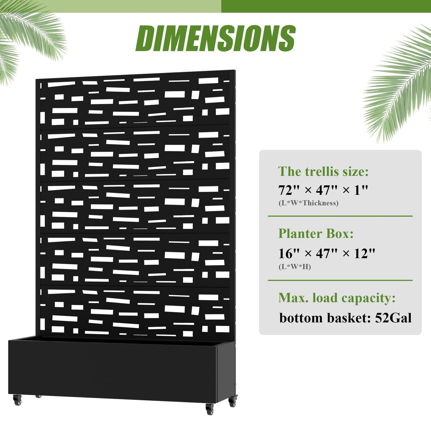 72" H Metal Raised Garden Bed with Trellis and Wheels, Privacy Screen Outdoor Planter Box with Decor Leaf Pattern, Large Mobile Vertical Planter for Patio, Balcony & Backyard