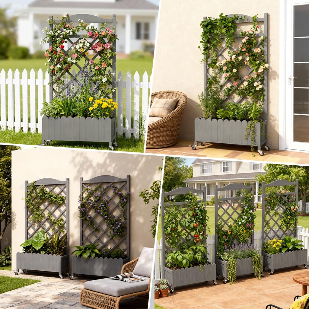 COMHOMA 2 Pack Planter Box with Trellis and Wheels, 48In Elevated Raised Garden Bed, Drainage Holes, Outdoor Lattice for Climbing Flowers, Vegetables, Patio Balcony, Brown