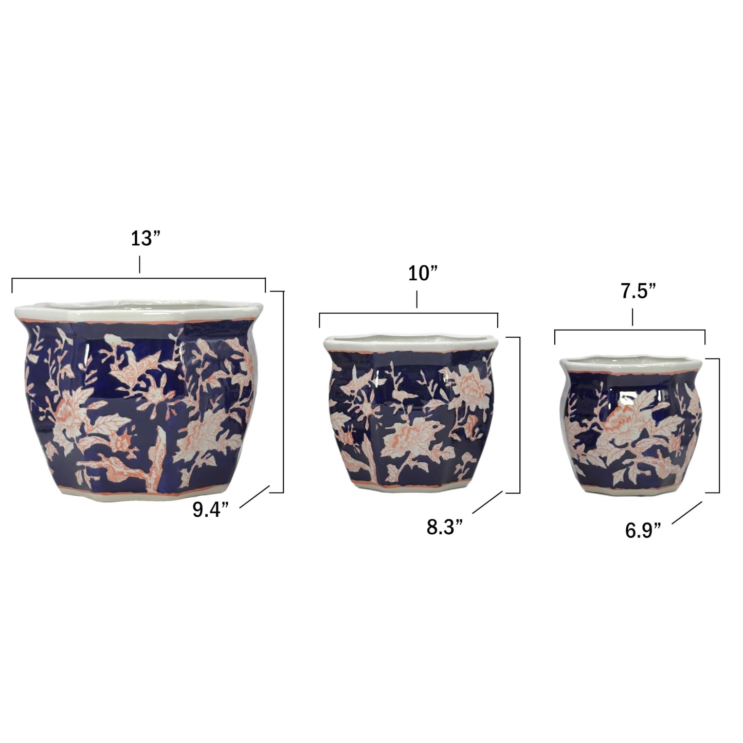 Galt International Blue & White Round Fluted Classic Floral Porcelain Ceramic Plant Flower Planter Pot Set of 3 (7.5", 10", 13") Garden Pots Chinese Asian Design