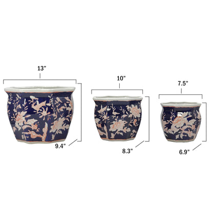 Galt International Blue & White Round Fluted Classic Floral Porcelain Ceramic Plant Flower Planter Pot Set of 3 (7.5", 10", 13") Garden Pots Chinese Asian Design